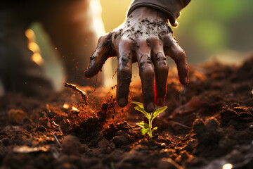 Hand holding old man small tree or seedlings for planting in soil with sunlight in morning. Concept environment green world earth day. Realistic clipart template pattern.