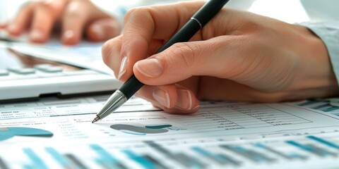 photo of human hand analyzing financial data sheets on the table