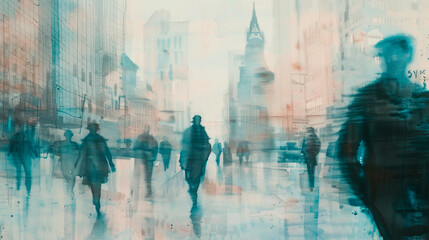 A painting depicting a group of people walking along a bustling city street. The scene captures the diverse individuals moving in different directions, some chatting, others. Banner. Copy space - obrazy, fototapety, plakaty