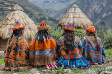 Fototapeta premium A powerful visual story of Andean women in vibrant traditional clothing against a backdrop of thatched huts