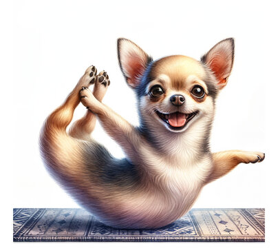 Playful Chihuahua enjoying yoga on mat with joyful expression and raised paws, showcasing flexibility and energy. This adorable Chihuahua is perfect for fun pet-related concepts and creative projects.