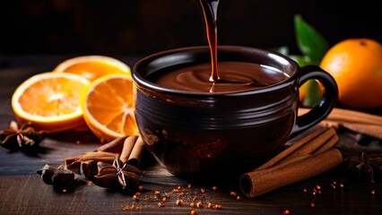 Cup of hot chocolate with cinnamon, star anise and oranges - obrazy, fototapety, plakaty