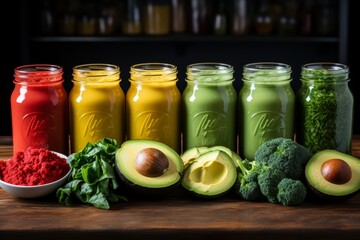 A colorful arrangement of freshly cut fruits and vegetables, neatly arranged in a clear glass bottle, ready to be blended into a delicious and nutritious smoothie.