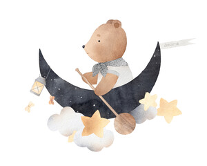 Little bear floats among the clouds and stars. Fantastic adventure. Can be used for cards, invitations, baby shower, posters. Vintage.