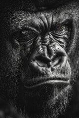 Gorilla Close Up Portrait on Black Background in Black and White