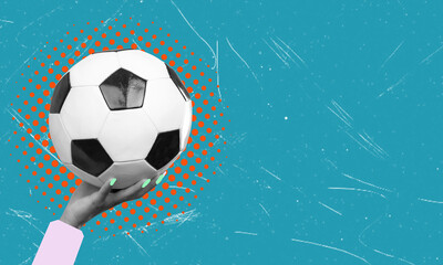 A modern artistic collage featuring a hand holding a football ball on a blue background with copy space.