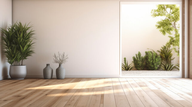A large open room with a window and a plant in a vase. The room is empty and has a minimalist feel