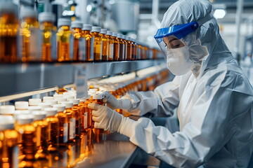 A woman holding a vial in a laboratory dressed up in a coverall