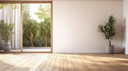 A large open room with a wooden floor and a large window. The room is empty and has a minimalist feel - obrazy, fototapety, plakaty