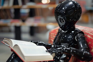 A robot holding a book in his hands and reading in a library