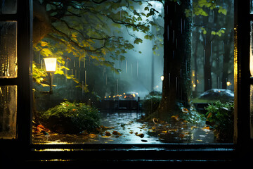 Landscape rainy on road autumn day seen from window. Summer rain in lush green forest, with heavy rainfall background. Rain in forest between trees. Abstract natural backgrounds for design