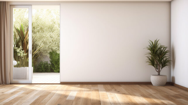 A large open room with a white wall and a potted plant in the corner. The room is empty and has a minimalist feel to it