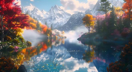 A breathtaking view of a mountain lake surrounded by snow-capped peaks, with colorful autumn trees reflected in the crystal-clear water