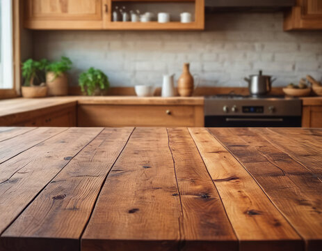 Close up of an empty natural wooden kitchen island table. Blurred kitchen background at home. Studio photo for product display with copy space.