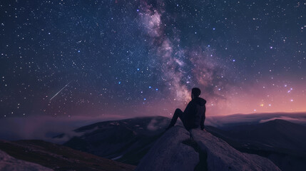Sit and watch shooting stars on the mountain - obrazy, fototapety, plakaty