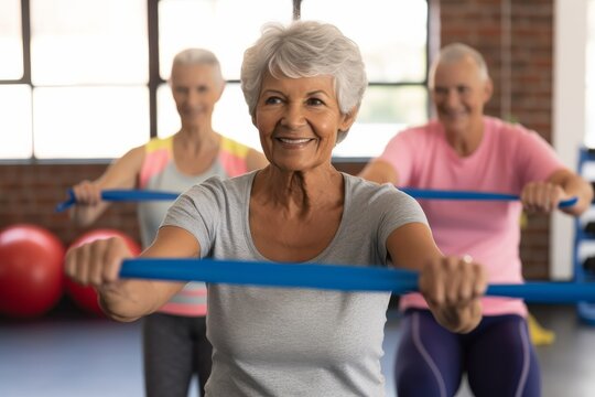 a group of older women are doing exercises with a resistance band in a gym