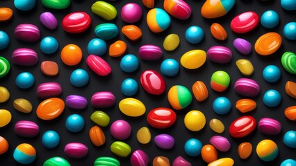 Colorful candies on black background. Top view. 3d rendering
