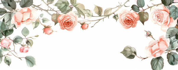 A beautiful festive frame watercolor painting featuring delicate pink roses set against a pristine white background. The roses are detailed with vibrant hues and soft brush strokes. Banner. Copy space - obrazy, fototapety, plakaty