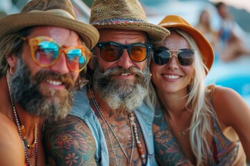 A joyous moment captured among friends at a beach party during sunset