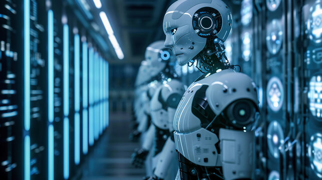 robot army or group of cyborgs in factory