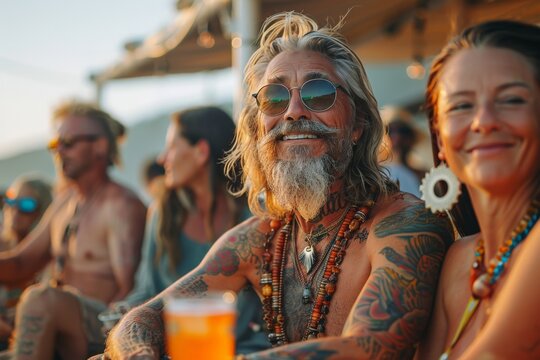 Smiling tattooed elderly man enjoying a sunset party on a beach with an ocean view