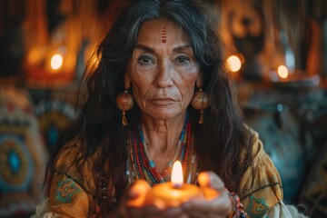 Portrait of senior female gypsy fortune-teller holding burning candle in hands, conducting a session for a client on divination and predicting the future - obrazy, fototapety, plakaty