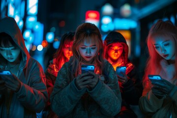 Group of asian people using their smartphones outdoors, completely engrossed in their screens oblivious to their surroundings. Technology, gadgets, phubbing, phone and internet addiction concept