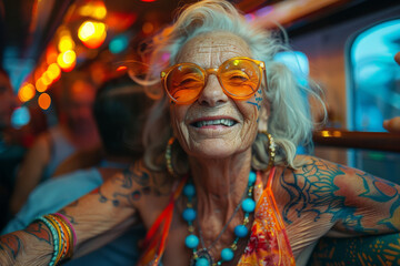 A vivid portrait of an elderly tattooed woman exuding happiness and vibrant personality - obrazy, fototapety, plakaty