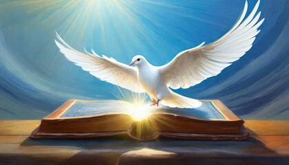 Holy Spirit: White Dove with Open Wings Above the Bible.  - obrazy, fototapety, plakaty