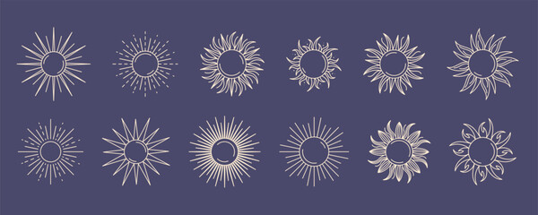 Set sun isolated on a blue background. Vector illustration in outline style. For cards, logo, decorations, invitations, boho designs.