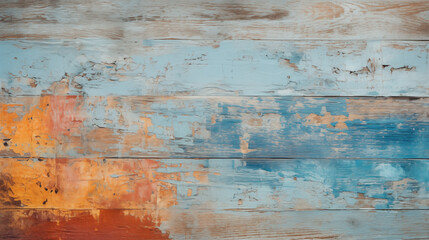 Fototapeta na wymiar Distressed Wooden Surface with Turquoise and Orange Paint