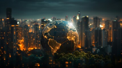 realistic earth globe with trees city in the background