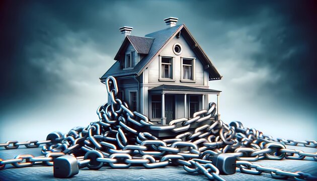 house by heavy chains against a dusky backdrop, metaphorically illustrating the burden of real estate debt and mortgage constraints