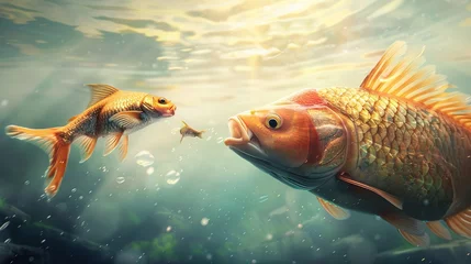 Foto op Canvas a tiny fish fearlessly taking on the challenge of consuming a much larger fish, illustrating the concept of courage and perseverance in the face of adversity © Varunee