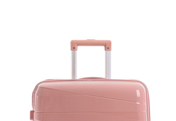 Pink suitcase on white background, closeup