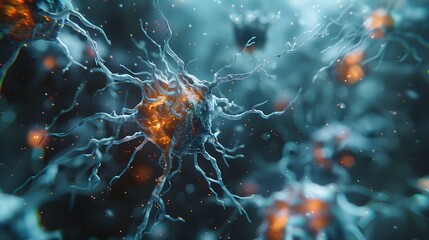 Neuron cells forming a neural network. Concept Science, Biology, Neuron cells, Neural network, Brain research - obrazy, fototapety, plakaty