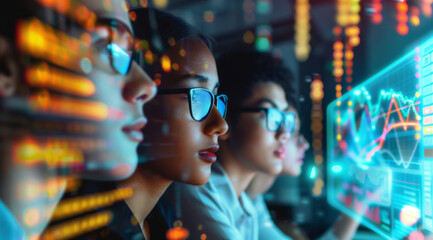 Fototapeta premium Abstract view of a blurred stock market trader analyzing data on multiple computer screens with charts