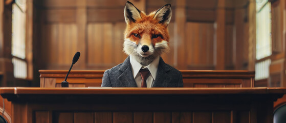 Dapper fox in a tailored suit, standing behind a courtroom podium, serving as a sharp and cunning defense attorney presenting a case. - obrazy, fototapety, plakaty
