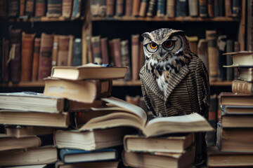 Bespectacled owl in a tweed blazer, perched atop a pile of books, acting as a wise librarian carefully organizing the library shelves. - obrazy, fototapety, plakaty