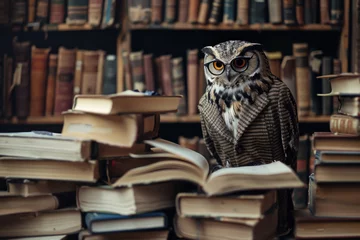 Keuken spatwand met foto Bespectacled owl in a tweed blazer, perched atop a pile of books, acting as a wise librarian carefully organizing the library shelves. © Gasi