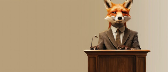 Fototapeta premium Dapper fox in a tailored suit, standing behind a courtroom podium, serving as a sharp and cunning defense attorney presenting a case.