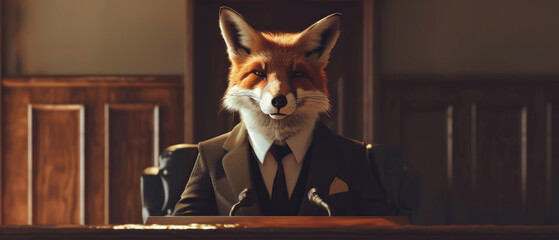 Dapper fox in a tailored suit, standing behind a courtroom podium, serving as a sharp and cunning defense attorney presenting a case. - obrazy, fototapety, plakaty