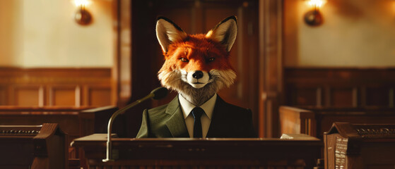 Fototapeta premium Dapper fox in a tailored suit, standing behind a courtroom podium, serving as a sharp and cunning defense attorney presenting a case.