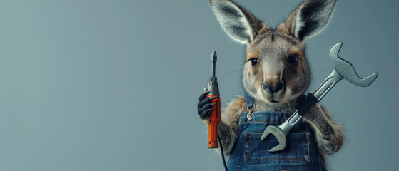 Kangaroo in mechanic's overalls, expertly wielding a wrench as it fixes a car, playing the part of a skilled and resourceful auto mechanic. - obrazy, fototapety, plakaty
