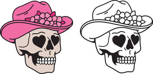 Skull with heart shaped eyes with cowboy hat and flowers. Girl pink skull, y2k core, flat illustration outline and color