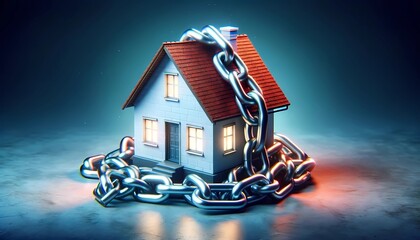 house by heavy chains against a dusky backdrop, metaphorically illustrating the burden of real estate debt and mortgage constraints