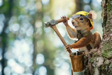 Squirrel in safety goggles and a tool belt, climbing a tree with a hammer in hand, working diligently as a carpenter specializing in treehouse construction. - obrazy, fototapety, plakaty