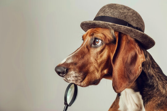 Detective hound dog with a magnifying glass, sniffing around for clues, depicted as a keen private investigator on the trail of a mystery