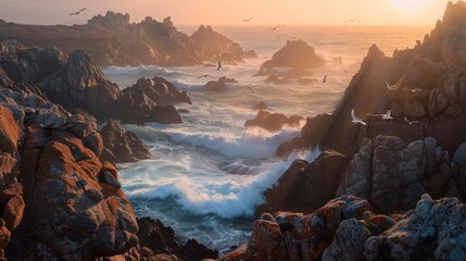 Rocky Coast of Atlantic Ocean in Portugal at Sunset, Vintage Style Toned Picture