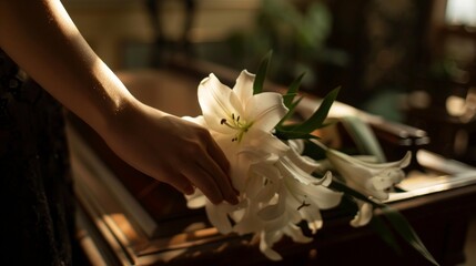 Close-Up of Woman Holding White Lily Flowers Near Casket at Funeral Home